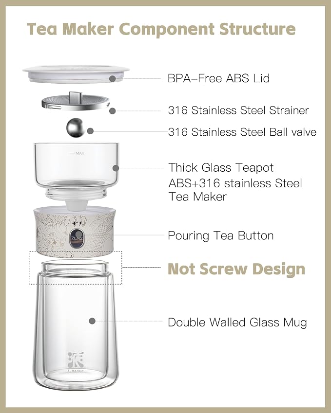 ZENS Glass Tea Infuser Pot, Modern One Touch Tea Maker for Tea Steeping | Loose Tea Diffusers, Magic Tea Pot with 9oz Insulated Mug and Portable Bag for Tea Lovers Gifts, Dragon