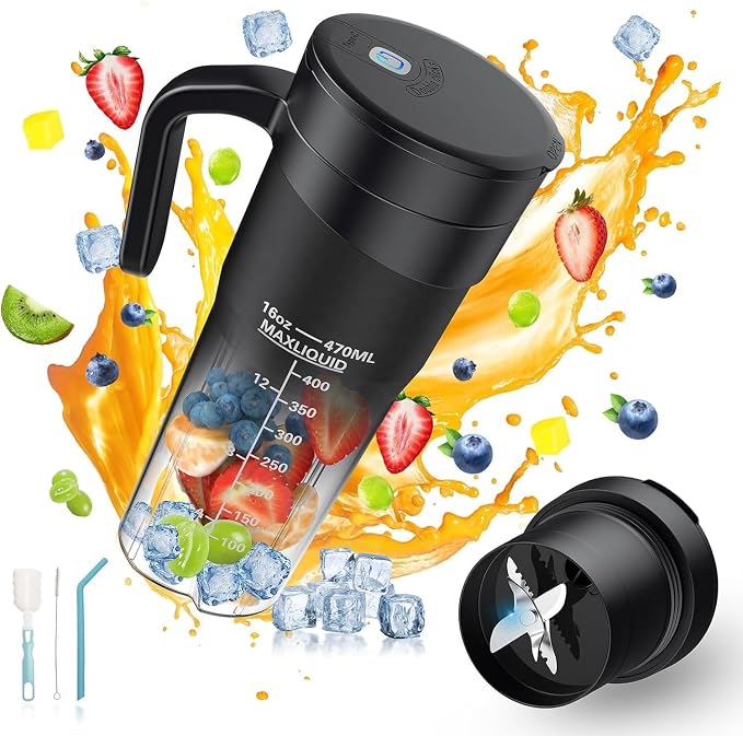 ANLAG 16 oz Rechargeable Portable Blender, USB-C Personal Smoothie Blender with Ultra-Sharp Stainless Steel Blades for Shakes & Protein Drinks (Black)