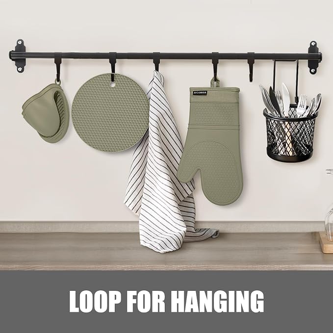 RORECAY Silicone Oven Mitts and Pot Holders Sets for Kitchen, Sage Green | Set of 6 Kitchen Mitts for Baking & Cooking, Heat Resistant 500 ℉, 12.7" Extra Long, Non-Slip & Waterproof, Quilted Cotton