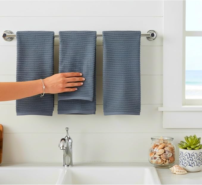 Slate Blue Gray Kitchen Hand Dish Towels, Set of 3, 100% Cotton, 18" x 28" | Terry Loop Ribbed Textured, Soft & Absorbent Cleaning Cloth, Quick Dry, Multipurpose for Everyday Use