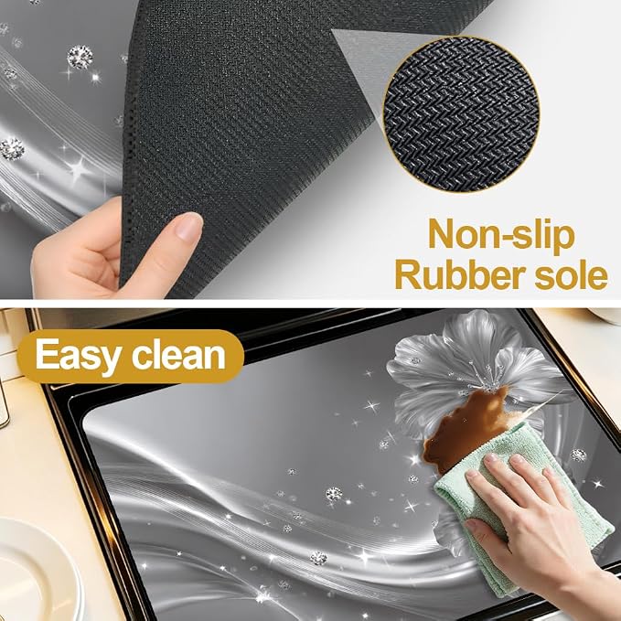Silver Flower Stove Top Cover 28x20 Inch Decorative Glass Stove Cover | Heat Resistant Cooktop Protector Mat with Non-Slip Backing, Scratch Protection and Countertop Drying Mat.