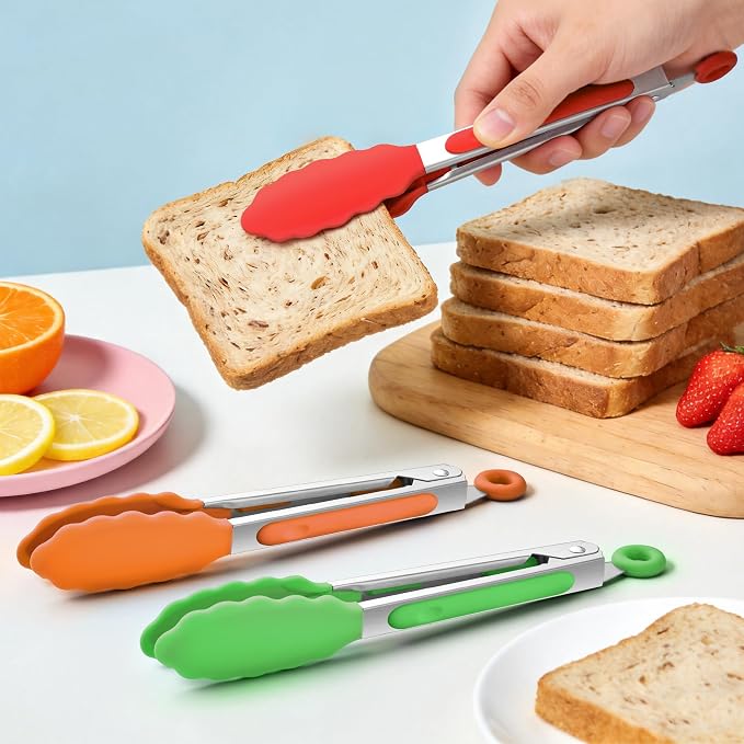 6PCS 7-Inch Silicone Tongs Set, Stainless Steel Tongs with Silicone Tips | Heat-Resistant Small Tongs For Cooking, Serving, Grilling | Dishwasher Safe | Colorful