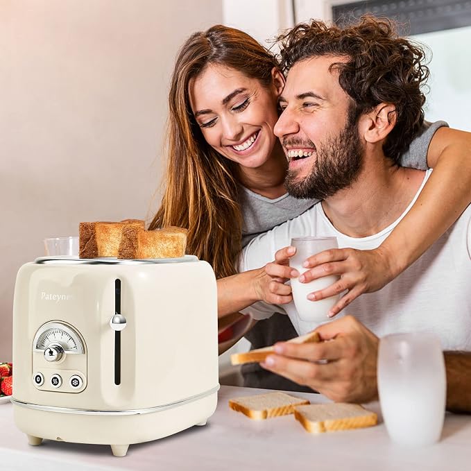 Retro Stainless Steel Toaster - 2 Slice, Extra-Wide Slot, 6 Adjustable Settings, Removable Crumb Tray, Defrost, Cancel, Reheat (Cream)