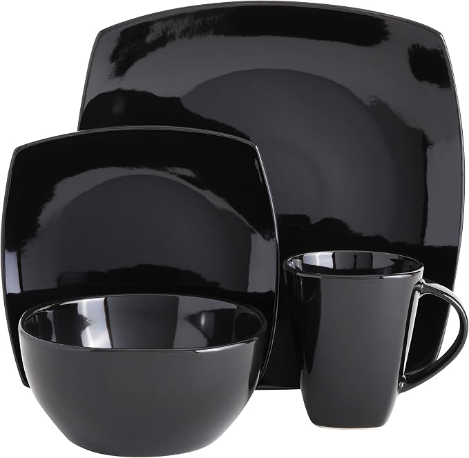 Gibson Elite Soho Lounge Square Reactive Glaze Stoneware Dinnerware Set, Service for 4 (16pc), Black