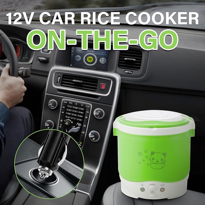 OSBA 12V Rice Cooker for Car 1L Mini Rice Cooker with Steamer, Green | 2Cup Portable Travel Rice Cooker for 1-2 People, Cooking Heating & Auto Keeping Warm Function, Used as an Electric Lunch Box