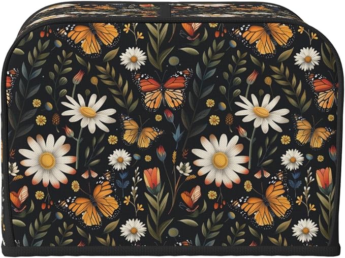 4 Slice Toaster Cover Vintage Butterfly Daisy Leaf Dust Proof Washable Kitchen Appliance Cover with Pocket, Oxford Fabric Countertop Toaster Protector for Standard Toasters Small Appliances