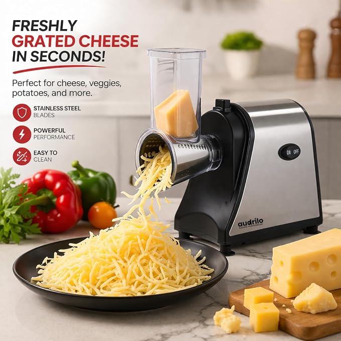 AUDRILO Electric Salad Maker & Cheese Grater, 5-in-1 Electric Vegetable Slicer with Interchangeable Stainless Steel Blades, Electric Food Processor for Cheese, Fruits & Vegetables, Electric Grater