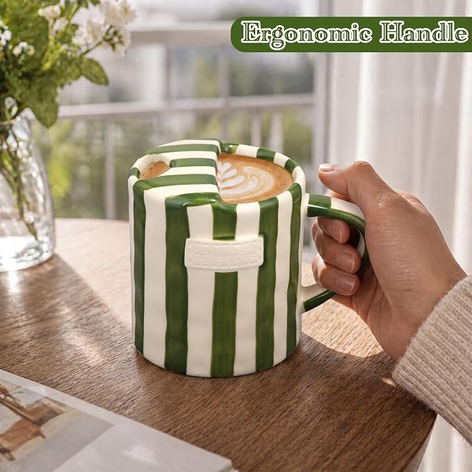 1 Pack Ceramic Mug with Sip Hole, Handle, Green | 10oz Ceramic Coffee Cup with Straws, Retro Hand Painted Striped, for Iced Coffee Tea Latte Espresso, Kitchen Dining Travel