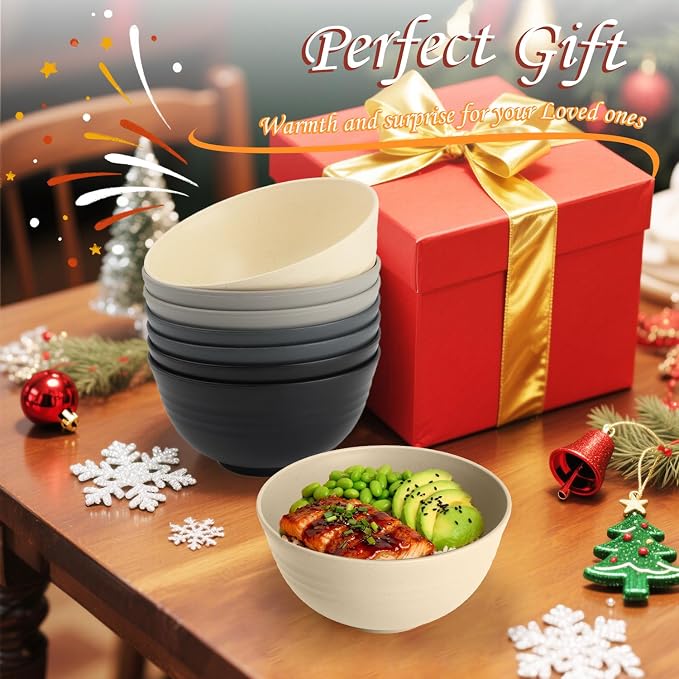 Premium Wheat Straw Bowls 8 PCS Unbreakable Bowl for Kitchen Cereal Bowls Lightweight Bowl Set, Reusable Microwave and Dishwasher Safe Bowl Set for Soup,Ramen,Salad(Grey Stone, 26 OZ)