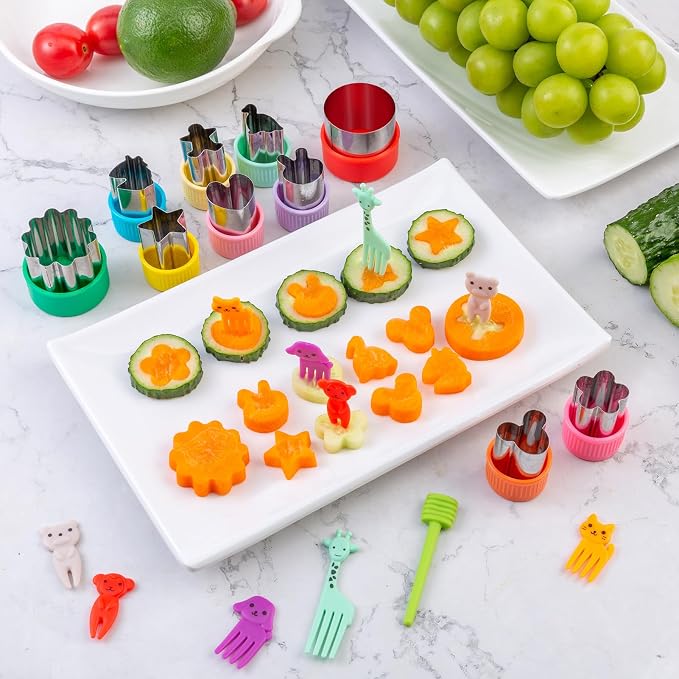 Fruit Cutters Shapes for Kids 22 Pcs, Mini Cookie Cutters Set, Vegetable Cutter with Food Picks | Mini Cookie Cutters Set, Stainless Steel & PP Plastic, Vegetable Cutter with Food Picks