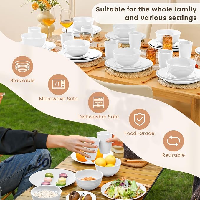 40- Pieces Wheat Straw Dinnerware Set, Service for 8, Lightweight Roud Plates and Bowls Set, Unbreakable Dishes Set- Dinner Plates, Bowls, Cups,Microwave and Dishwasher Safe(White)