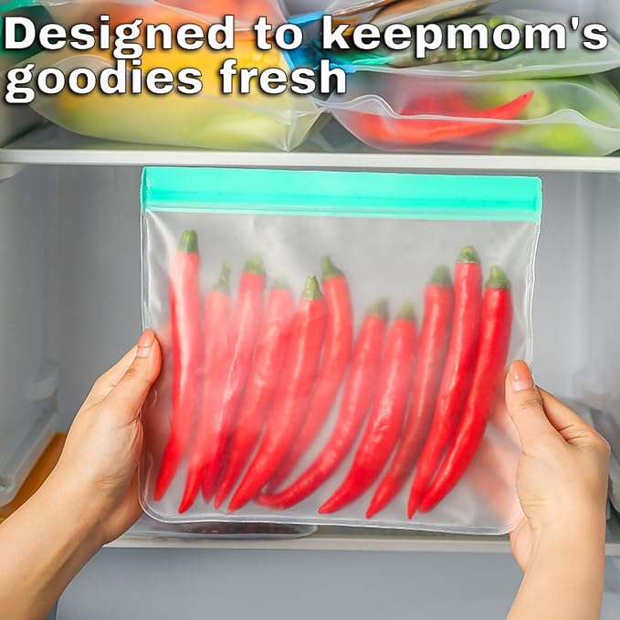 10 Pack Reusable Snack Bags, BPA Free PEVA, Small Snack Size | 10 BPA-free PEVA snack bags with double-seal zippers; dishwasher and freezer safe for lunch, travel, and meal prep.