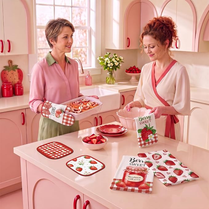 Tieshankao 10Pcs Strawberry Kitchen Decor Accessories Set | Kitchen Towels, Oven Mitts, Pot Holders, Rugs and Mats, Strawberry Fruit Theme, Baking Supplies, Housewarming Gifts