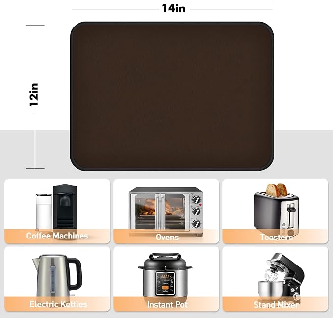 Non-slip Air Fryer Mats for Countertop, 2mm Thick, 14x12 in, Coffee | 1022°F Fireproof mat, heat resistant mats for countertop, non-slip silicone bottom, air fryer accessories for ninja, cosori