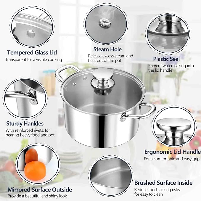 P&P CHEF 6 Quart Tri-Ply Stainless Steel Stock Pot, Cooking Pot with Lid | 6 Qt Stockpot for Soup Pasta Vegetable, Induction Cookware for All Stoves, Sturdy & Double Handle, Oven & Dishwasher Safe
