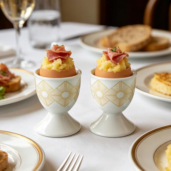 Cinf Ceramic Egg Cups, Set of 2, Art Deco Boiled Egg Holders for Breakfast | Set of 2 ceramic egg cups, classic white design, easy to clean, ideal for boiled eggs, breakfast serving and holiday gifting