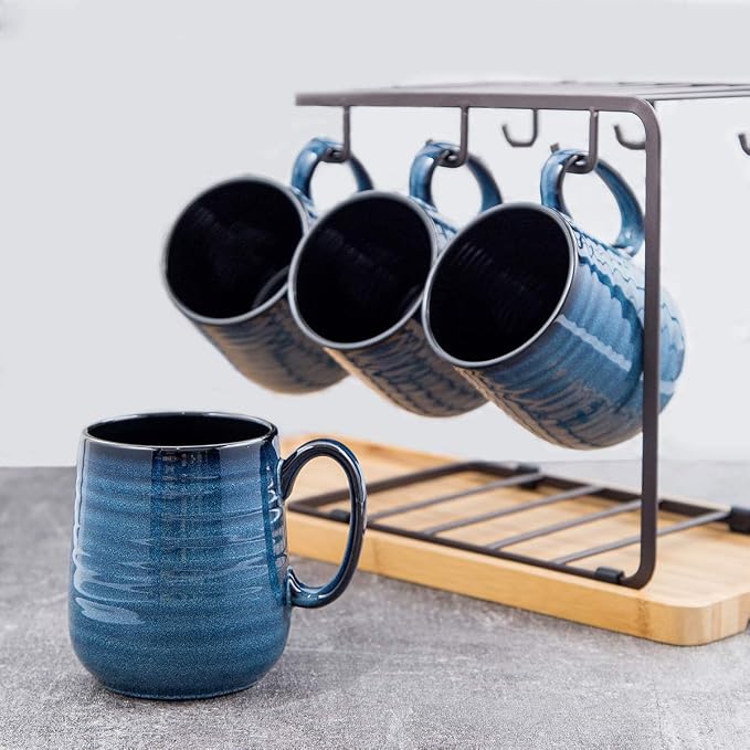 HASENSE Coffee Mugs Set of 4, 15 Ounce Porcelain Mug Set with Handle for Morning Coffee Tea and Cocoa, Ceramic Coffee Cups with Beautiful Glaze for Men, Women, Navy