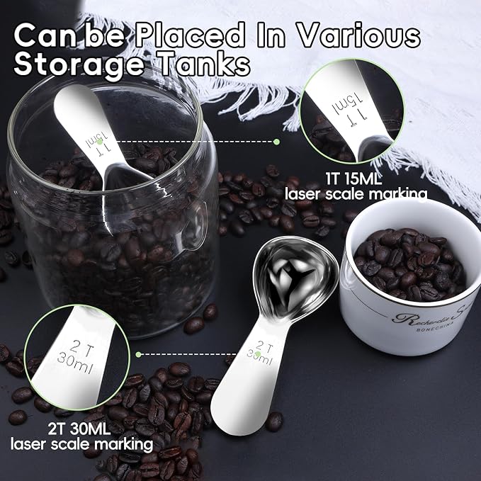 Coffee Scoop 2 Tablespoon Measuring Spoons for Ground Coffee30ML18/8(2Pcs). | (304)Sturdy Short Handle 2 Tbsp Metal Stainless Steel Coffee Spoon,Coffee Measuring Scoop Fit into Airscape Coffee Canisters.