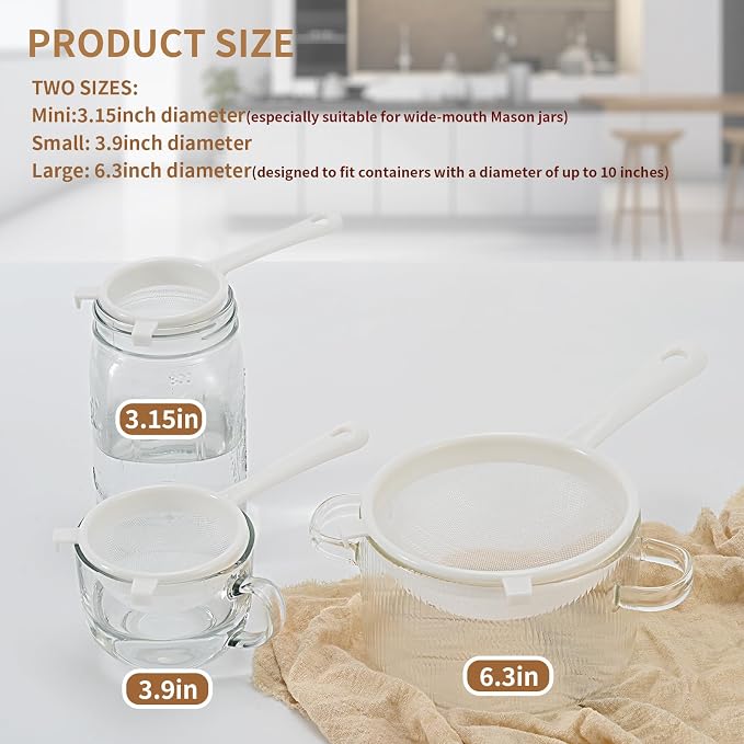 Luckyiren Kefir Strainer Set, 3-Size Plastic Non-Metal Sieve with Fine Mesh | Colander Sifter for Kefir Grains, Milk Kefir, Water Kefir & Kombucha & Quinoa - Durable, Food Grade & Easy Clean