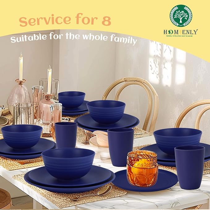 40 Pcs Wheat Straw Dinnerware Sets, Dinner Plates, Cups, Pasta Bowls, Dishes Set For 8, Microwave Safe Plates and Bowls Sets, Blue