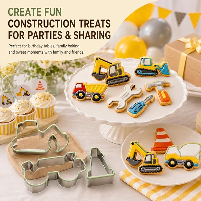 Construction Cookie Cutter Set-3 Inches-9 Piece- Excavator Digger Bulldozer Dump Truck Hammer Wrench Construction Tools Cutters Molds for Kids Construction Themed Party | Dishwasher-safe stainless steel cutters for cookies, fondant, sandwiches, constru...