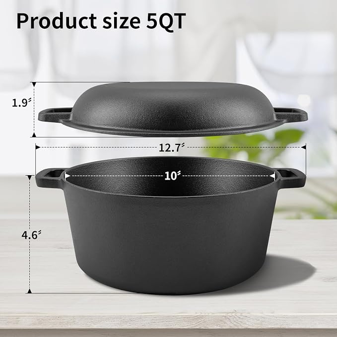 2-in-1 Pre-Seasoned Cast Iron Dutch Oven with Skillet Lid,5-Quart | Oven,grill,campfire and stovetop safe,durable dual-handle cookware for sourdough bread,frying,camping and BBQ