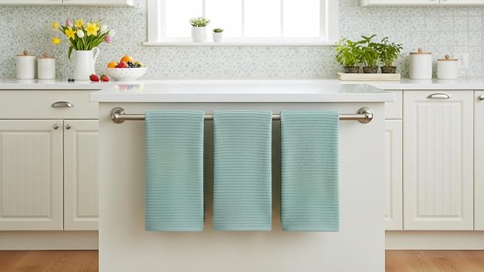 Seafoam Sage Aqua Green Kitchen Dish Towels, 3 PC, 100% Cotton, 18" x 28" | Terry Loop Ribbed Textured, Soft & Absorbent Cleaning Cloth, Quick Dry, Multipurpose for Everyday Use