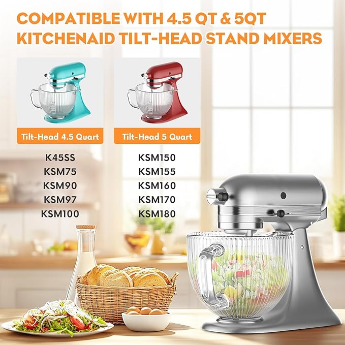 Cofun Glass Mixer Bowl for Kitchenaid Tilt-Head Stand Mixers 4.5-5 Quart | 5 Qt Mixing Bowl Replacement for KitchenAid with Measurement Markings, Handle