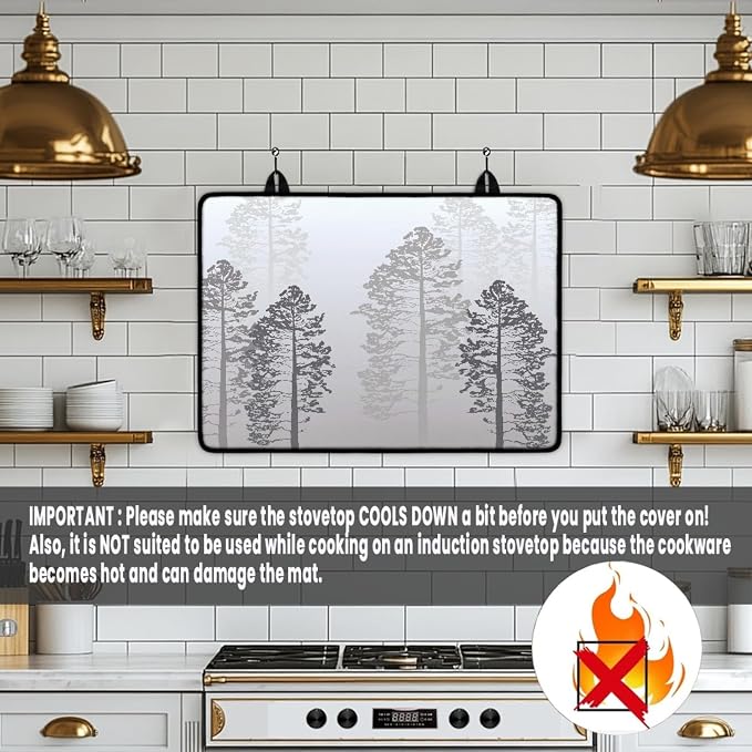 Grey Tree Forest Stove Top Covers for Electric Stove, Nature Pine Trees Pattern Glass Stovetop Cover with Lanyard Forest Gray Beige Countertop Protector Mat for Kitchen 28 x 20 Inch