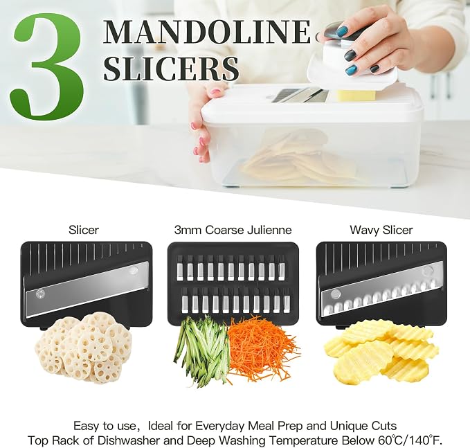 14-In-1 Chopper Vegetable Cutter with 7 Blades, Vegetable Chopper with Container and Lid, Mandoline Slicer for Kitchen, Veggie Slicer for Salad, Cheese Grater, Kitchen Gadgets Accessories Essentials