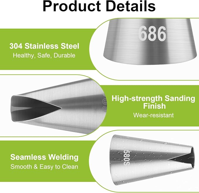 5 Pcs V-Shaped Piping Tips Set with 2 Couplers, Large Cake Decorating Tips, 304 Stainless Steel Frosting Icing Nozzles for Cupcakes, Cookies, Pastry, Dessert Baking Tools (580/686/580S)