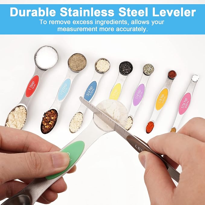 Aovchei 9 PCS MultiColor Magnetic Measuring Spoons Set | Dual Sided, Stainless Steel Small Tablespoon, Teaspoons, Fits in Spice Jars, for Dry and Liquid