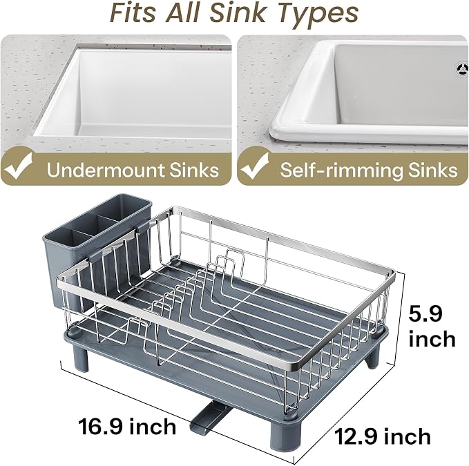 SNTD Dish Drying Rack for Small Kitchen Counter, 12.9" W x 16.9" L, Silver | Space Saving, Rotating Spout & Angled Drainboard for Quick Drainage, Stainless Steel, Removable Utensil Holder