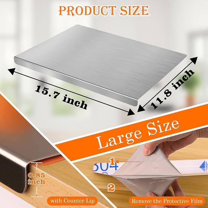 HUAKENER Large Stainless Steel Cutting Board for Kitchen, with Silicone Mat | Cutting Board with Counter Lip, Cutting Board with Silicone Mat for Meat, Fruits, Vegetables, Bread (15.7 x 11.8 Inch)