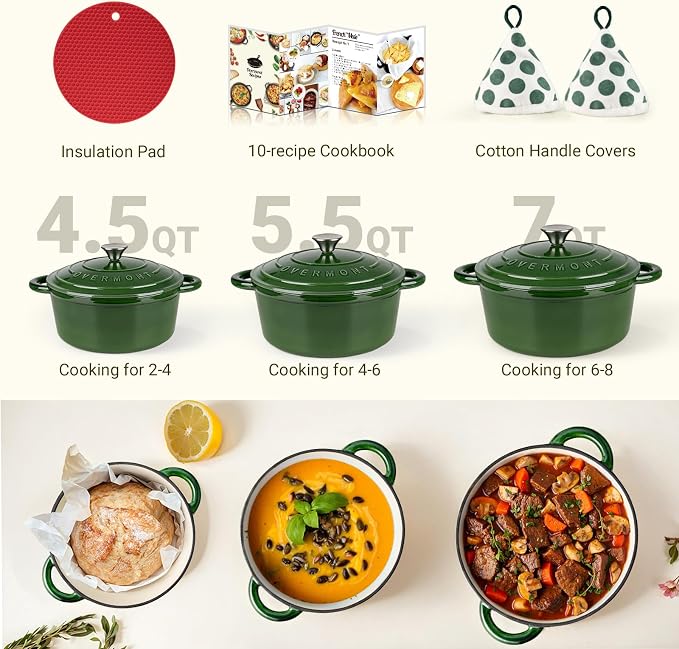 Overmont Enameled Cast Iron Dutch Oven - 7QT Pot with Lid Cookbook & Cotton Potholders - Heavy-Duty Cookware for Braising, Stews, Roasting, Bread Baking GlossyGreen
