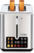 Trisiko® Touch Screen Toaster 2 Slice, 900W Digital Toaster with Countdown Timer, 1.38 in Wide Slots, 6 Browning Levels, Bagel, Defrost, Reheat, Cancel, Crumb Tray, Cord Wrap-Stainless Steel