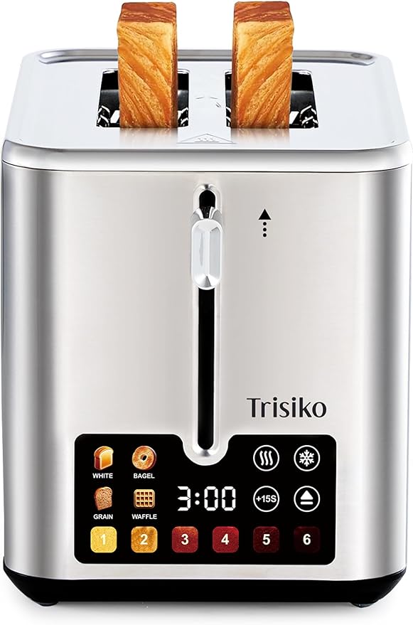 Trisiko® Touch Screen Toaster 2 Slice, 900W Digital Toaster with Countdown Timer, 1.38 in Wide Slots, 6 Browning Levels, Bagel, Defrost, Reheat, Cancel, Crumb Tray, Cord Wrap-Stainless Steel