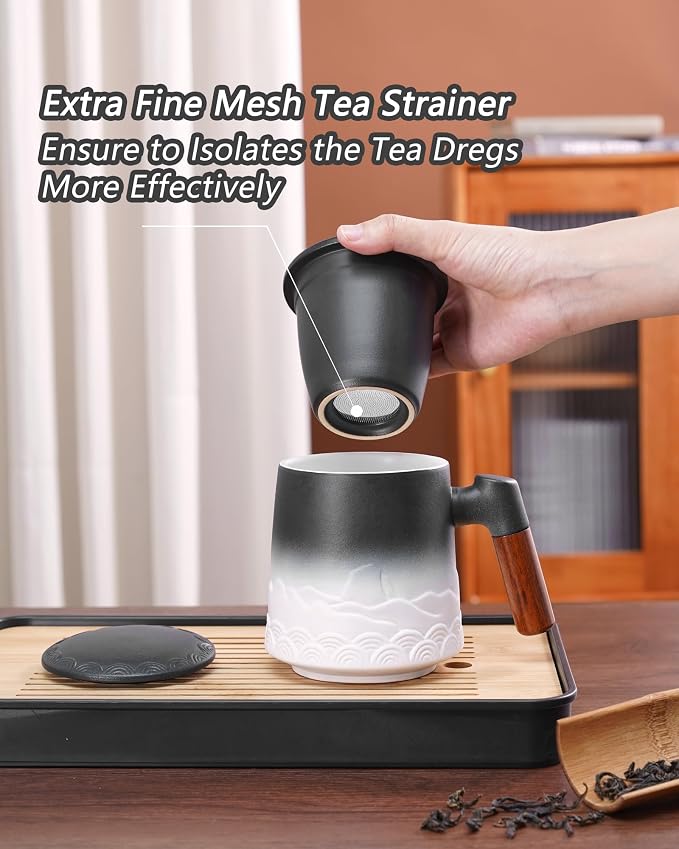 ZENS Tea Mug with Infuser and Lid for Loose Leaf Tea Steeper, 16.9oz White | Embossed Ceramic Tea Cup with Infuser for Herbal Tea Difussers, Tea Lovers Gifts, Nature Wood Handle