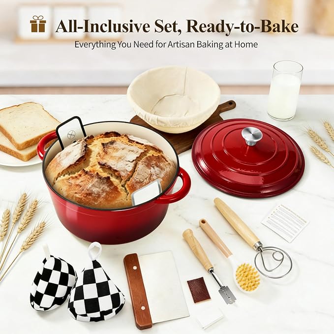 Enameled Cast Iron Dutch Oven pot 6.5 QT with Lid for Bread Baking | Cookware incl. Sourdough Bread-Baking Supplies like Banneton, Dough Whisk, Gloves, Oven Safe for Stews, Roasting, Cherry Red