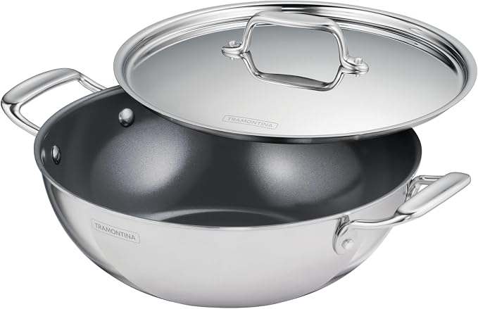 Tramontina Utsava Tri-Ply Clad Stainless Steel 4-Quart Kadai with Lid | Ceramic Non Stick Interior, Induction-Ready Large Kadhai Pot for Indian Cooking