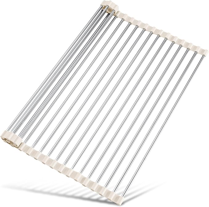 Tomorotec Roll Up Dish Drying Rack Over Sink, 304 Steel, 21x15.5, White | Anti-Slip Silicone Rims For Grip, Heat-Resistant Trivet Mat Holding Heavy Cookware, Rustproof Kitchen Counter Space Saver