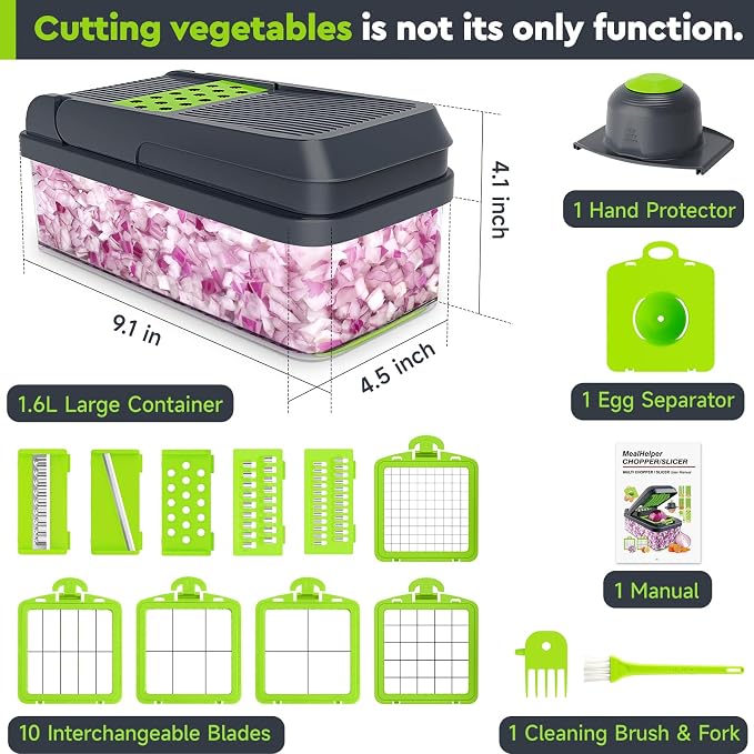 MealHelper 15-in-1 Vegetable Chopper, Food Veggie Chopper With Container | Kitchen Prep Tool, Cheese Grater, Home Essentials & Kitchen Gadgets, with Sharp Stainless Steel Blades(10 Blades, Green)
