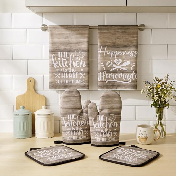 Sratte 6 Pcs Kitchen Decor Accessories Set, Kitchen, Brown Wood Grain | Farmhouse Kitchen Towels Pot Holders Oven Mitts Set 2 Dish Towels 2 Potholders 2 Cooking Mittens for Baking Cooking Supply