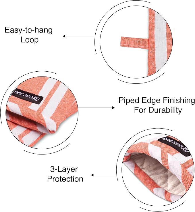 Encasa XO Oven Mitts, Heat Resistant Kitchen Gloves, Microwave | Franca Orange Stripes, 100% Cotton | Diamond Quilted Insulation | Pot Holders | Hanging Loop | Barbecue & Grill | Set of 2