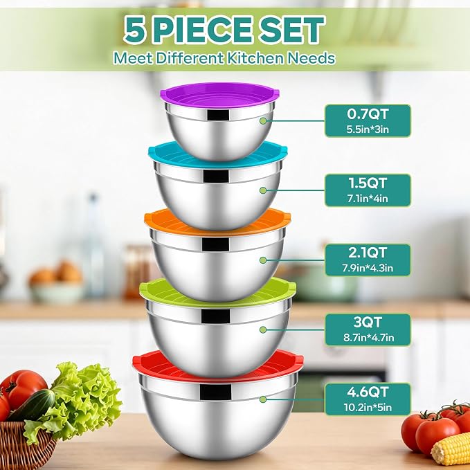E-far Mixing Bowls with Lids Set, Stainless Steel Salad Bowls, Colorful | 10-Piece Metal Nesting Bowls with Airtight Lid for Kitchen Cooking, Baking/Prepping, Dishwasher Safe, 0.7/1.5/2.1/3/4.6 QT