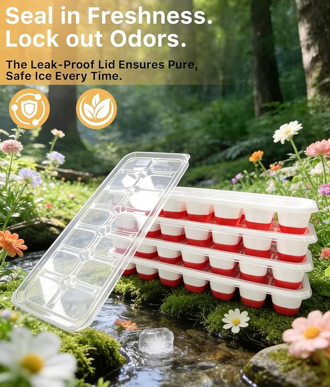 Ice Cube Trays for Freezer with Lids and Storage Bin, 4 Pack | Easy-release BPA-free ice molds with stackable lids, storage bin and dishwasher-safe design for coffee, whiskey and cocktails