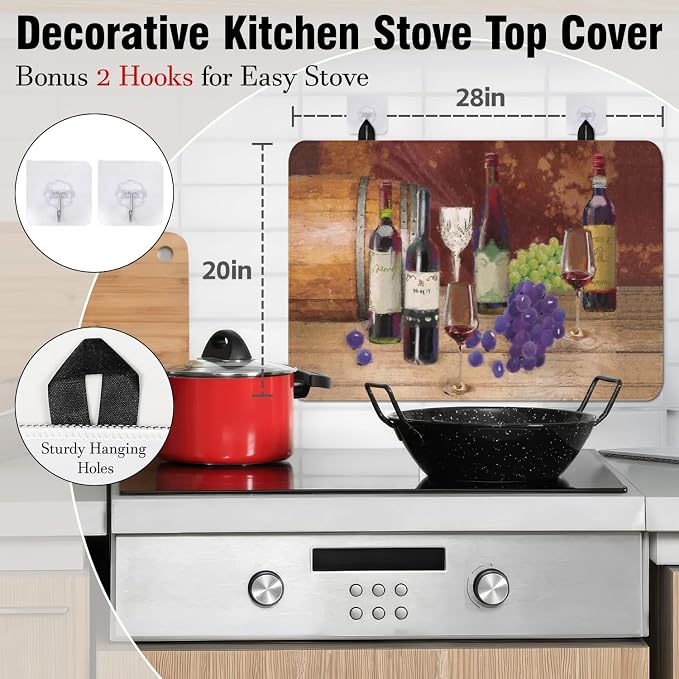 Wine Stove Top Cover for Electric Stoves,Brown Burgundy Grape Farmhouse Stove Top Cover for Kitchen Decor,Heat Resistant Cooktop Protector Mat,Non-Slip Washable Dish Drying Mat 28"x20"