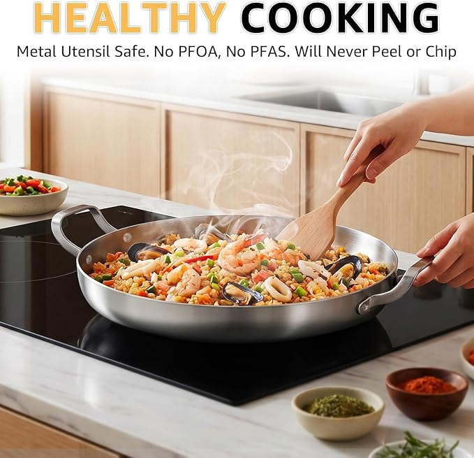 Inqibee 13 Inch Tri-ply Stainless Steel Paella Pan with Lid | Large Frying Pan with Double Riveted Handles, Wide Shallow Paella for Stovetop, Induction Compatible, Oven Safe, 3-5 Servings