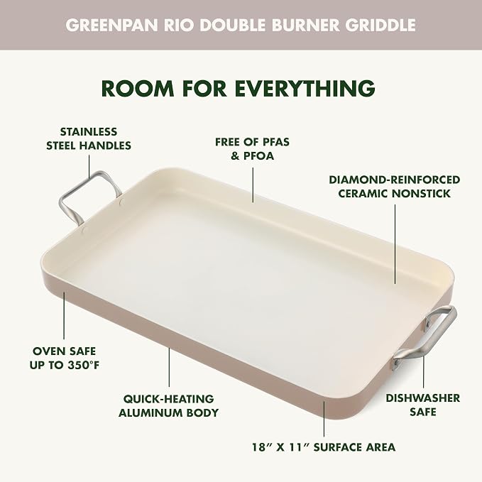 GreenPan 18" x 11" Double Burner Griddle Pan, Hard Anodized Healthy Ceramic Nonstick PFAS-Free, Stainless Steel Handles, Stovetop Cooking, Dishwasher Safe, Oven & Broiler Safe Cookware, Taupe