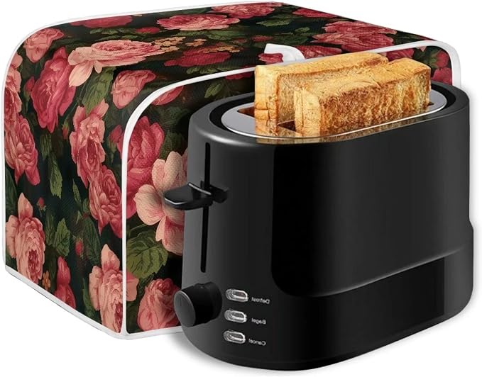 Flower Peony Toaster Cover - 2 Slide Wide Slot Small Appliance Decoration Accessory, Dustproof Bakeware Cover, Red